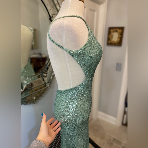 NWT La Femme Glitter Green Sequin Goddess Sexy To the Floor Low Back Gown - Picture 6 of 16